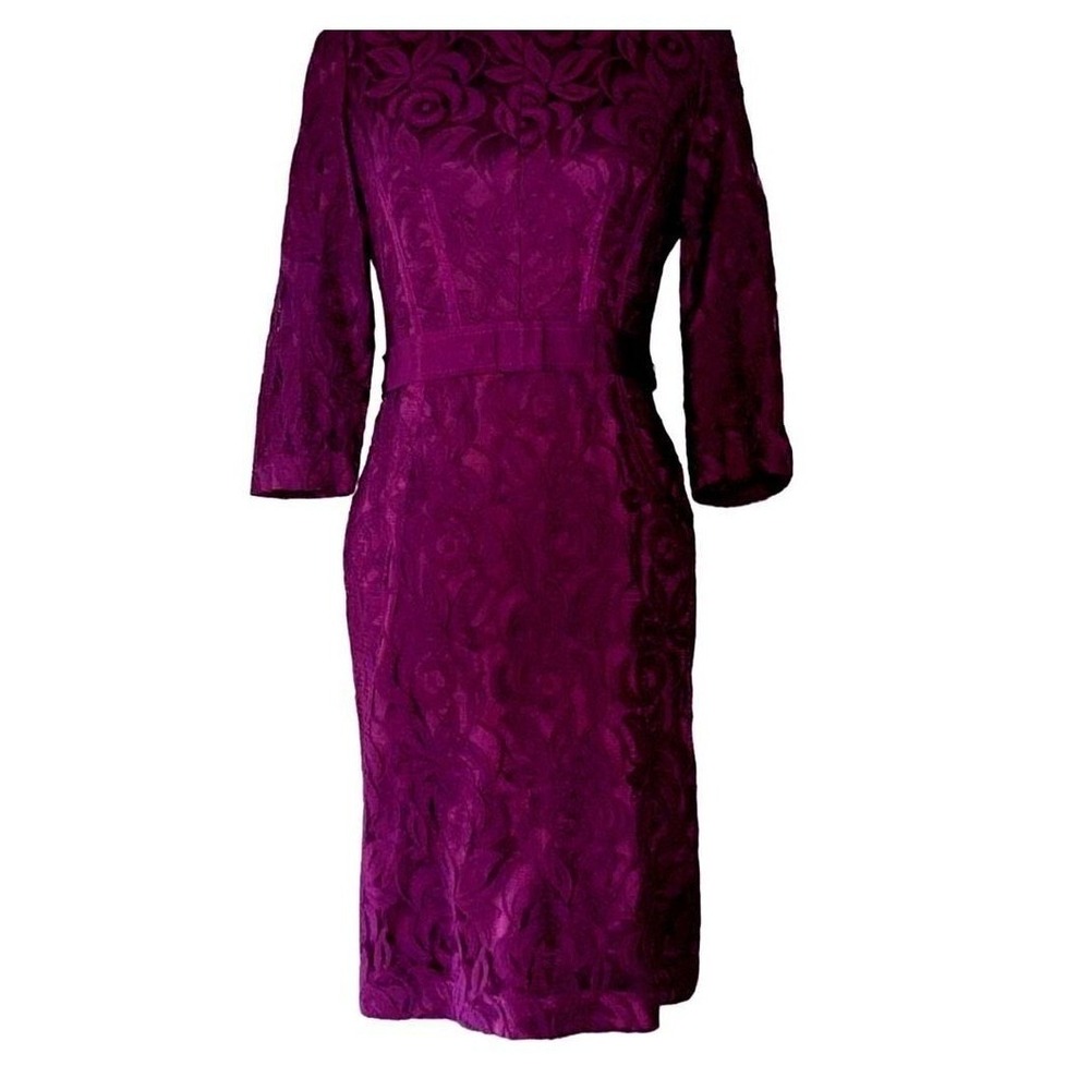 Taylor‎ Magenta Purple Floral Lace Sheath Dress 3/4 Sleeve Size 6 Jewel Neck